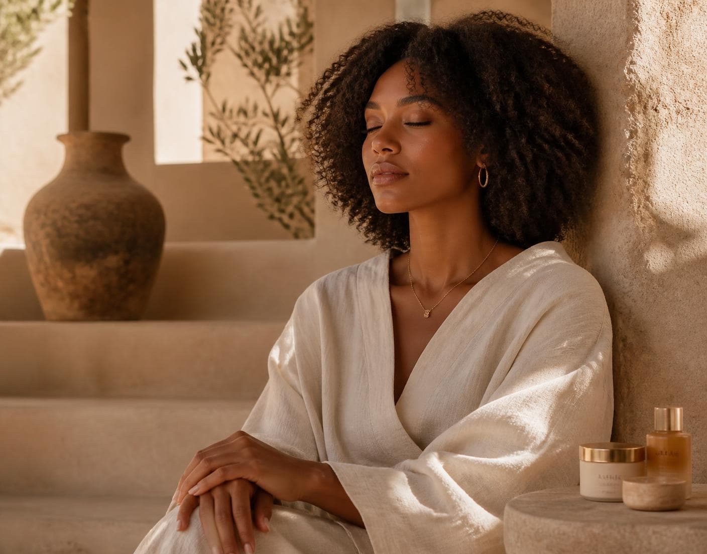 A woman resting in warm morning light beside natural beauty products
